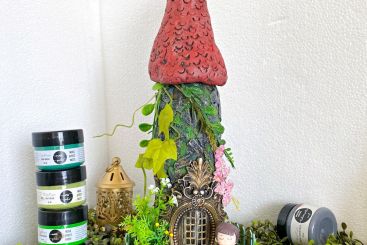 Funky Fairy house using Moss Effect Paste – Mixed Media Altered Bottle