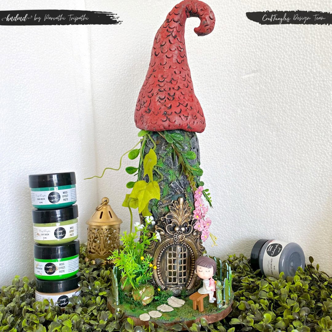 Funky Fairy house using Moss Effect Paste – Mixed Media Altered Bottle