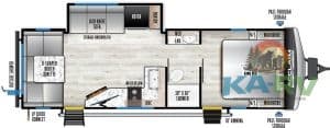 RV interior with bedroom, bathroom, and living area.