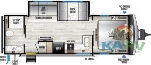 RV interior layout showing kitchen, bedroom, and storage areas for optimal travel comfort.