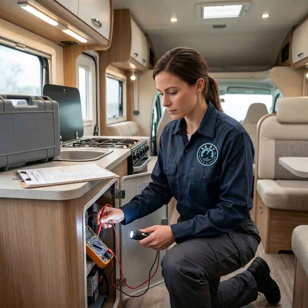 RV technician inspecting electrical system inside campervan.
