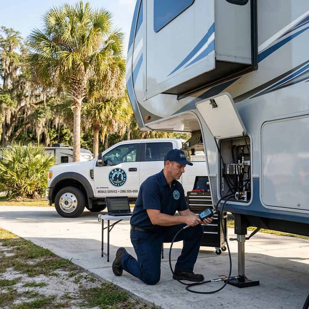 RV repair technician inspecting and servicing an RV for optimal performance.