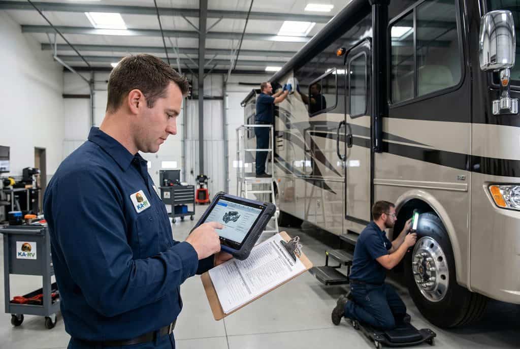 RV repair technician inspecting a large motorhome for maintenance.