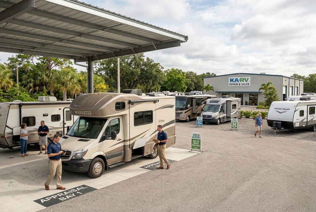 RV trade-in evaluation at KA RV Repair facility.
