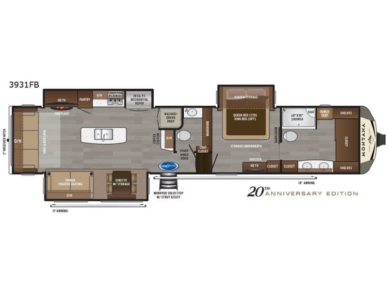 Luxury RV floor plan with modern amenities and spacious living area.