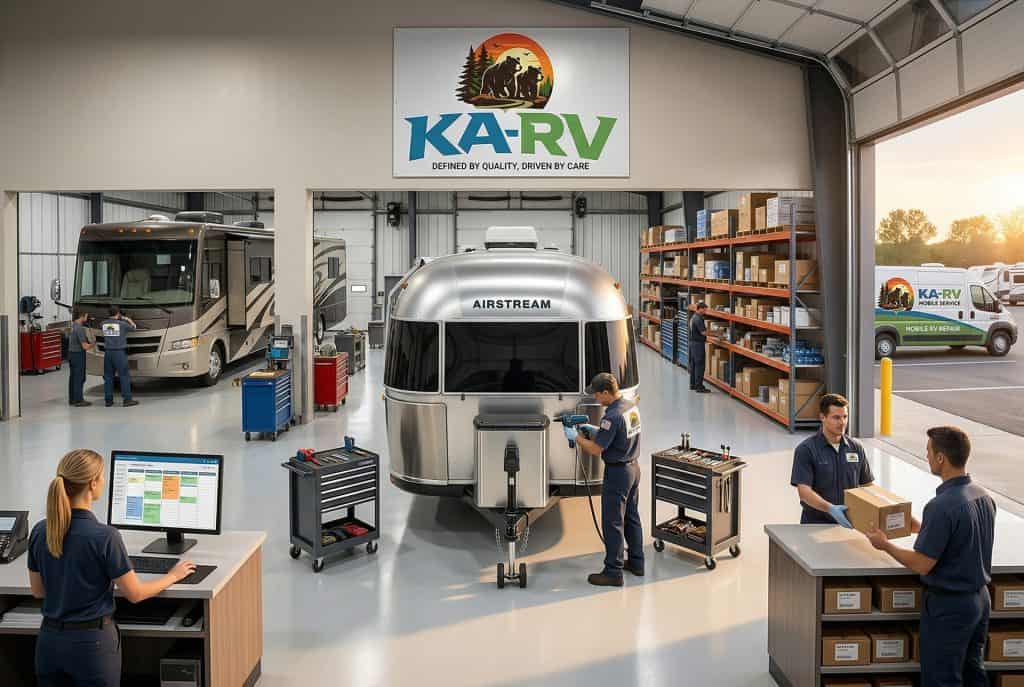 RV repair service center with staff working on a travel trailer and motorhome.