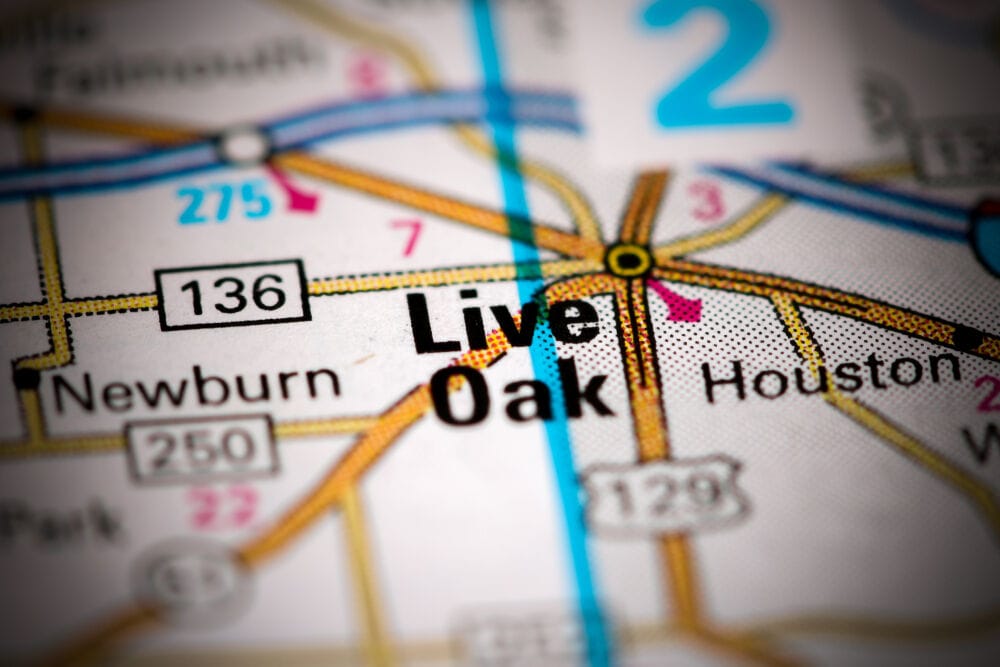 Live Oak, Florida, spotlighted on a map