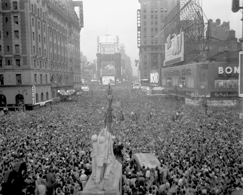 A massive crowd gathered in Times Square to celebrate the surrender of Japan in August 1945.