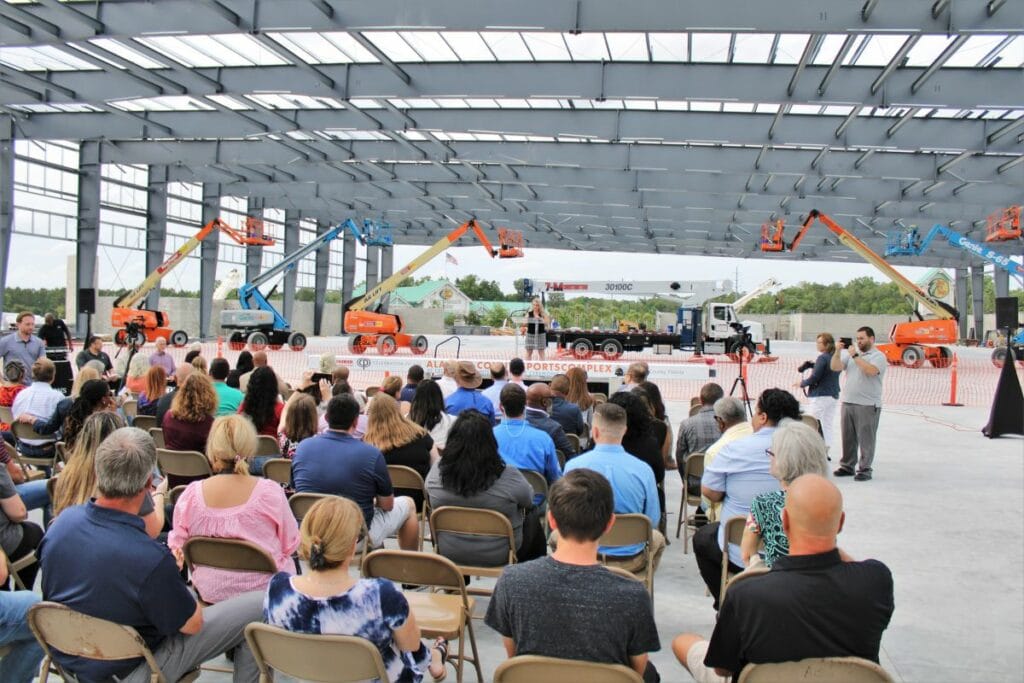 Alachua County Manager Michele Lieberman speaks at the topping off ceremony for the Alachua County Sports and Event Center.