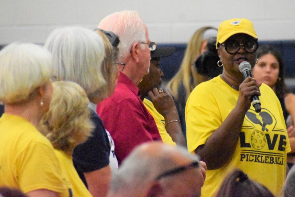 Shirley Shade (right) and other pickleball players said there are not enough permanent courts to accommodate the growing sport.