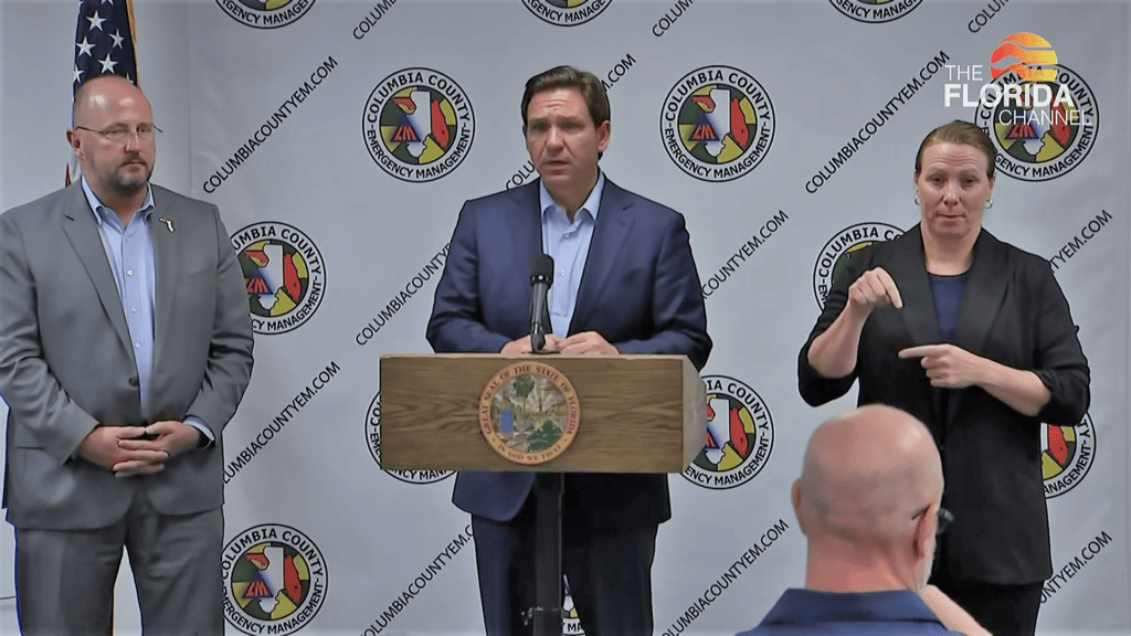 Gov. Ron DeSantis speaking at a Tuesday press conference.