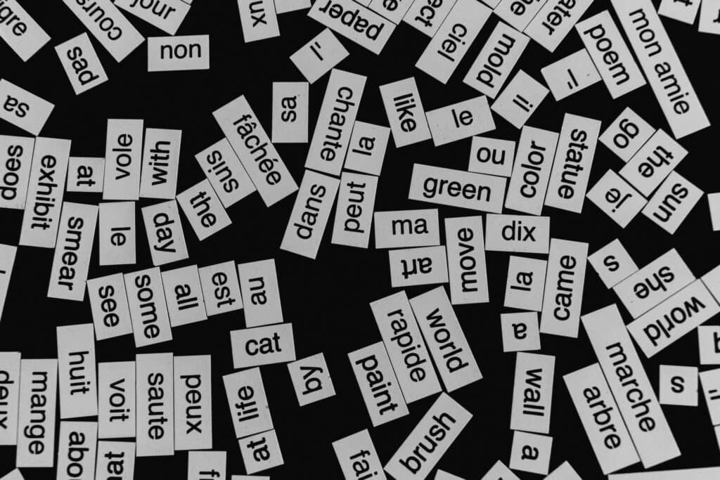 Paper strips with words in English and French