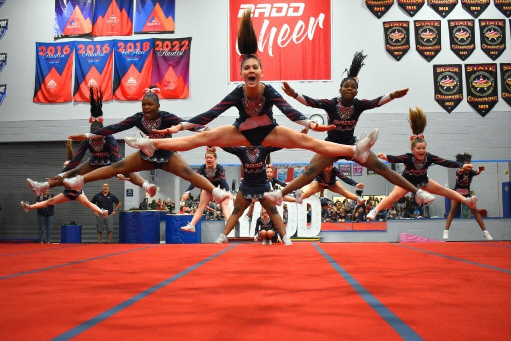 Cheerleaders perform at RADD Cheer's spring showcase.