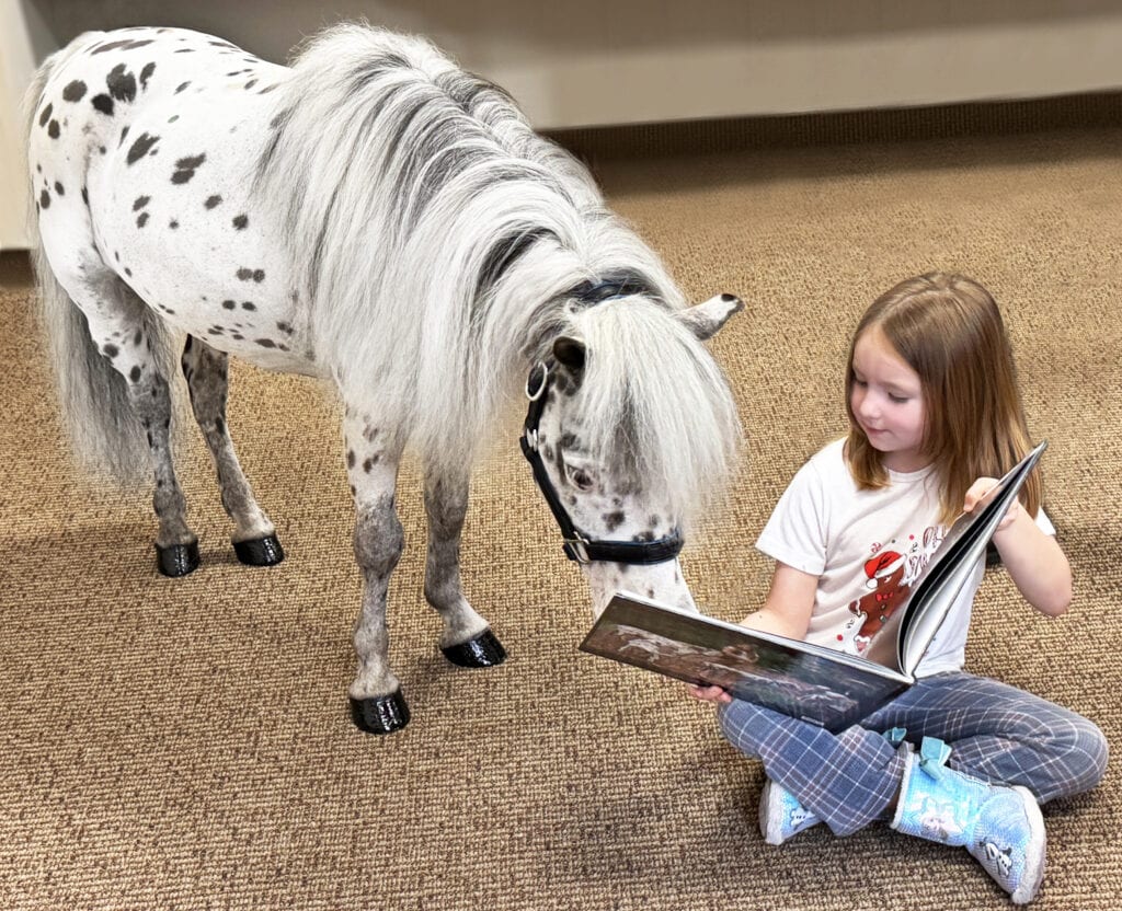 Therapy horse Circus visits a child reading a book.