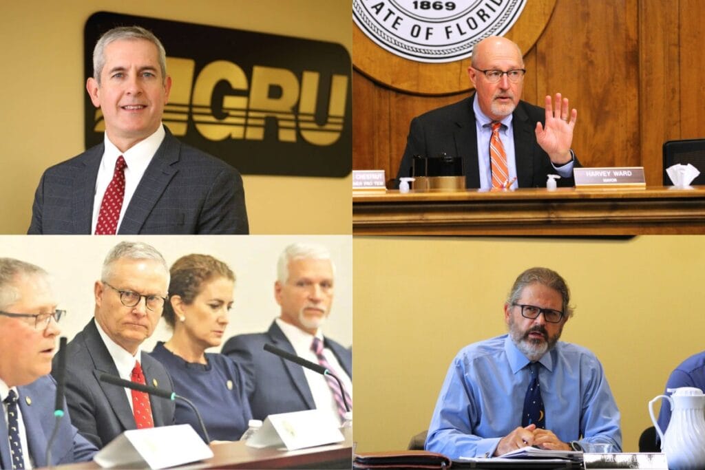 Top left: Former GRU General manager Tony Cunningham. Top right, Gainesville Mayor Harvey Ward. Bottom left, State Rep. Chuck Clemons with other Alachua County legislators. Bottom right, current GRU General manager Ed Bielarski.