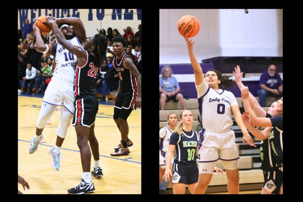 Newberry's Logan McCloud (10) and Gainesville's Jamison Cardwell (0) will be playing Saturday at the All Star boys and girls basketball games at the Legacy Center in Alachua.