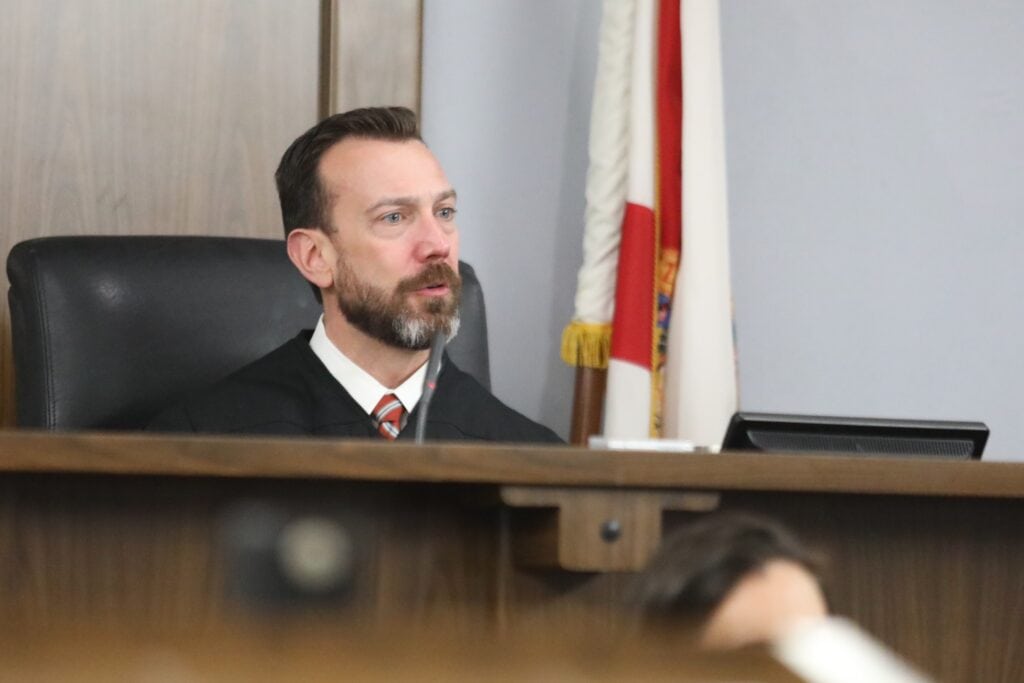 Judge George Wright speaks at Wednesday's oral arguments.
