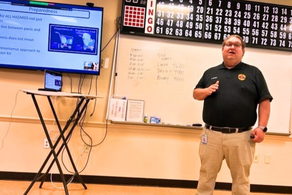 David Peaton, assistant director of emergency management for Alachua County, gives a talk to members of the Prime Time Institute at the Senior Recreational Center. Photo by Ronnie Lovler