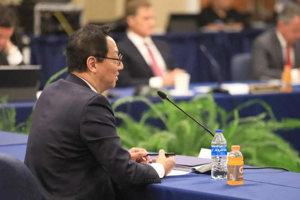 Dr. Santa Ono answers questions before the UF Board of Trustees prior to a confirmation vote for a potion as president.