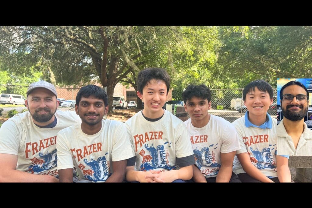 (From left) Marc Moody (coach) Aditya Raavi, Michael Wei, Anish Patel, Edwin Gao and Vijay Hans. Courtesy of Frazer School