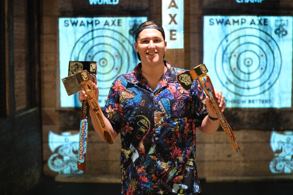 Dylan Teets, co-owner of Swamp Axe, won his third World Axe Throwing Championship in April. Photo by Seth Johnson (1)