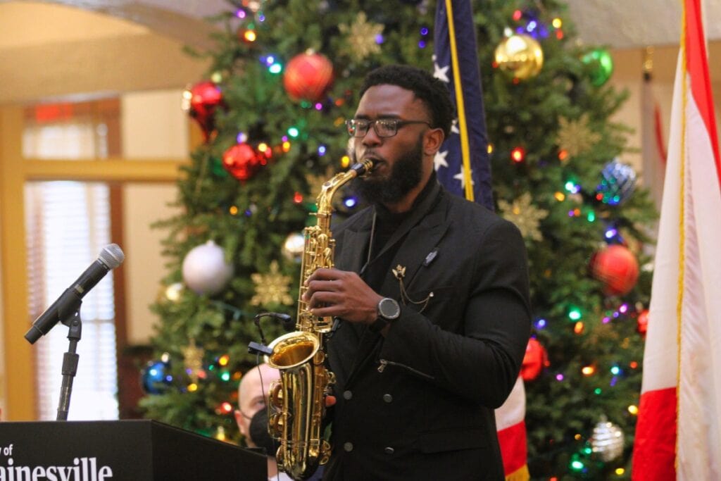 Emmanuel Garilus performs at the swearing-in ceremony for Gainesville city commissioners in January 2025. Photo by Seth Johnson (1)