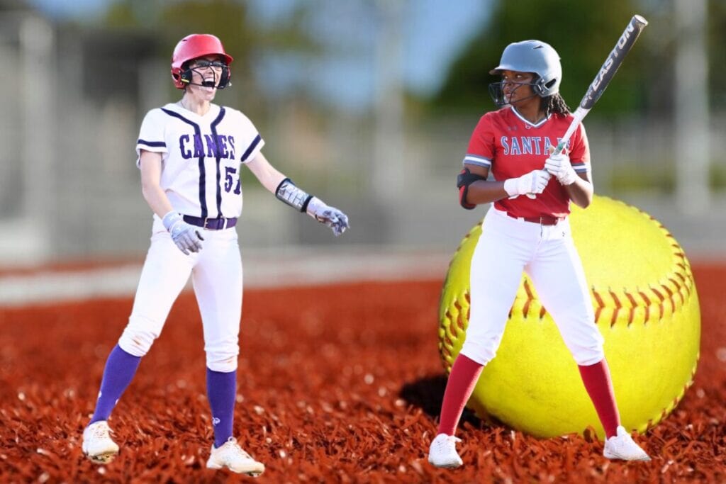 Gainesville's McKenna O'Sullivan (left) and Santa Fe's J’lyn Guyden were selected to the 2025 Bosshardt Realty Big School All Area Softball Team. Graphic and photos by C.J. Gish