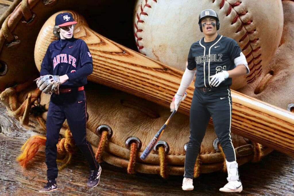 Santa Fe's Jackson McDavid (left) and Buchholz's JJ Gardner were selected to the 2025 Bosshardt Realty Big School All Area Baseball Team. Graphic and photos by C.J. Gish