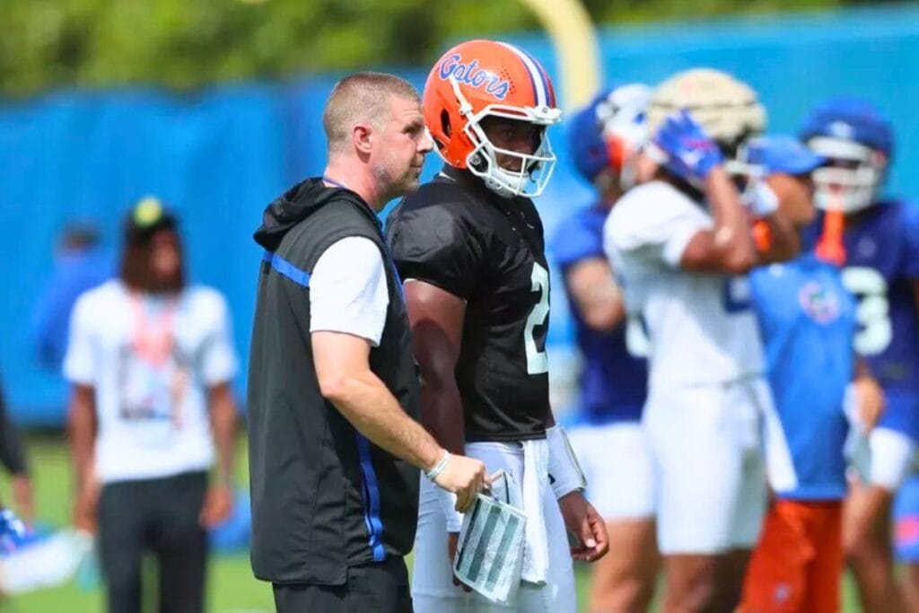 Gators coach Billy Napier and quarterback DJ Lagway during the first week of 2024 preseason camp. Photo by Mallory Peak-UAA Communications 1 (1)