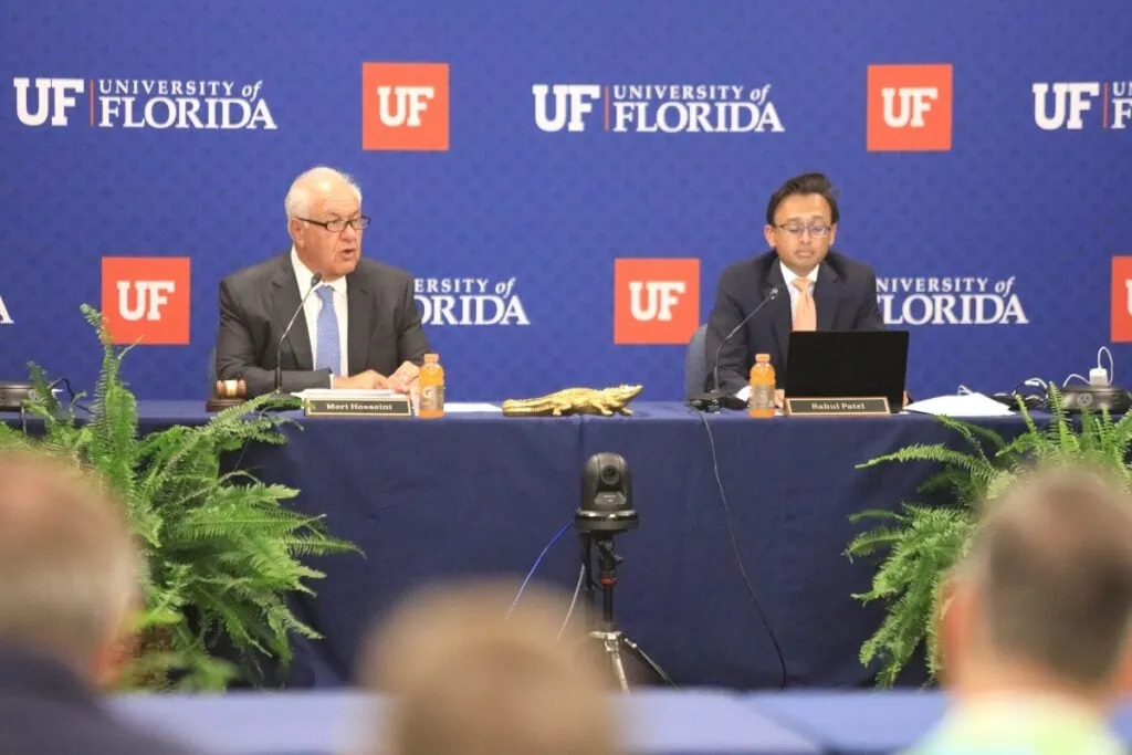 Mori Hosseini, left, and Rahul Patel voted with the UF Board of Trustees to approve a 10% increase in non-resident student fees on Wednesday.