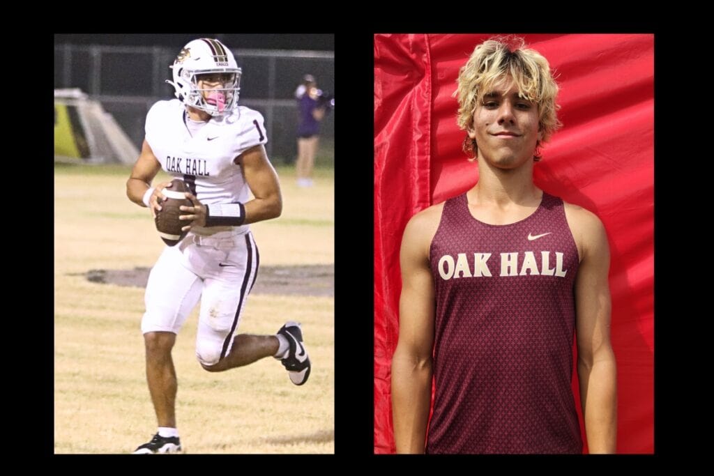 Oak Hall's Dakota Brower led the Eagles on the football field (left) and in track. Photos by C.J. Gish (left) and Ricky Quintana