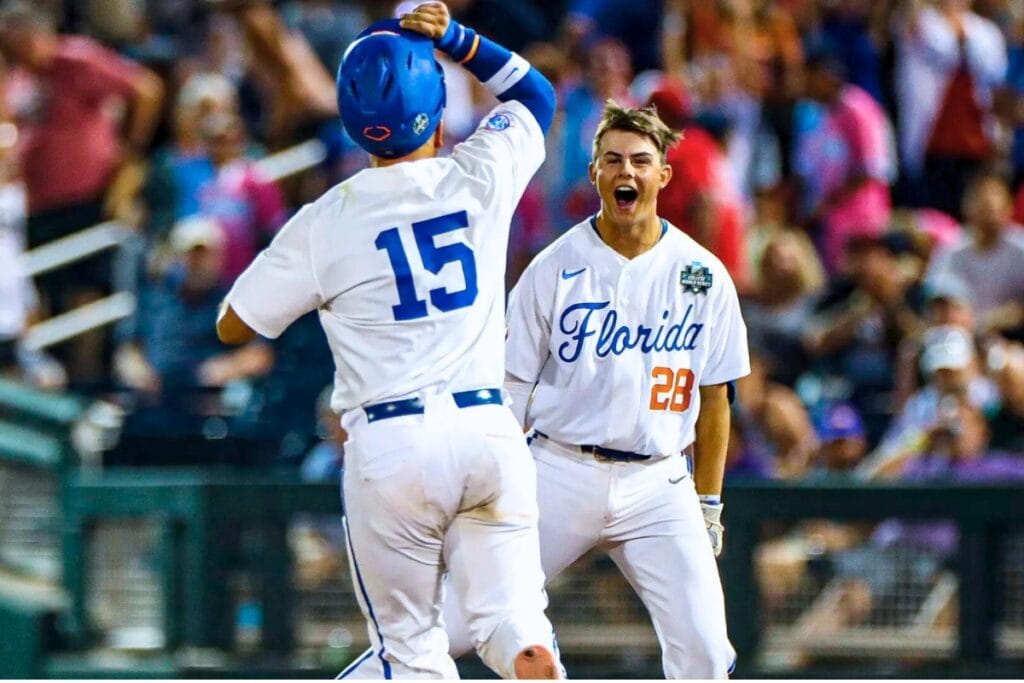 The Seattle Mariners selected First Team All SEC Florida catcher Luke Heyman (28) in the 2025 MLB Draft on Monday. Photo by Maddie Washburn-UAA Communication