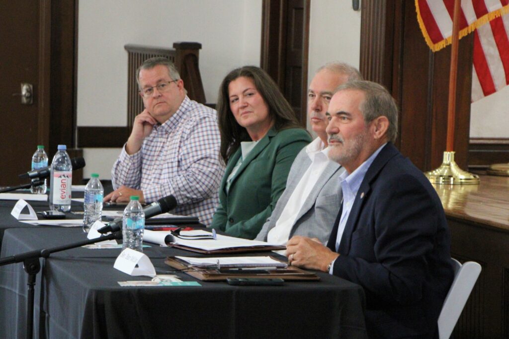 From right, state Sen. Stan McClain, state Rep. Chad Johnson, U.S. Rep. Kat Cammack’s Deputy Chief of Staff and District Director Jessica Norfleet and Newberry Mayor Tim Marden participated in a town hall on Aug. 23.