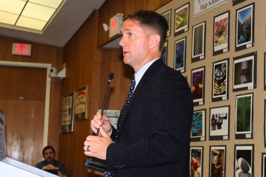 Alachua County School Board Attorney David Delaney gives a presentation at Wednesday's workshop. Photo by Nick Anshultz