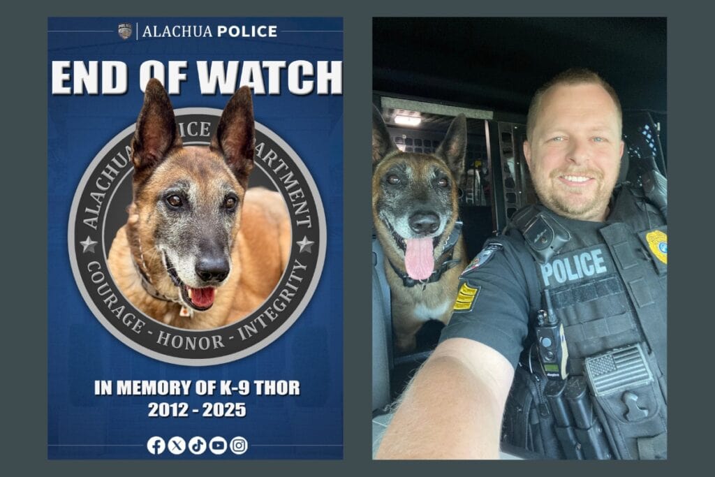 Alachua Police Department K-9, Thor, with handler, Sgt. Justin Horn (right), passed away on Sunday after eight years of service. Courtesy of APD and Justin Horn