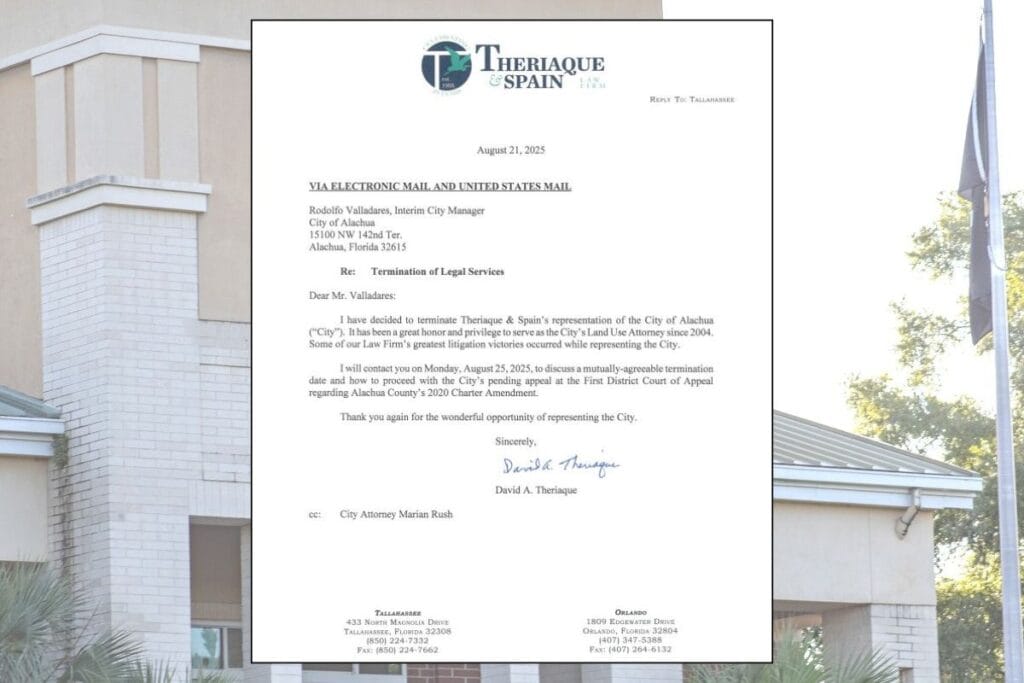 Alachua land use attorney David Theriaque sends letter to the city terminating to his office's contract after 21 years of service. Photo by Lillian Hamman