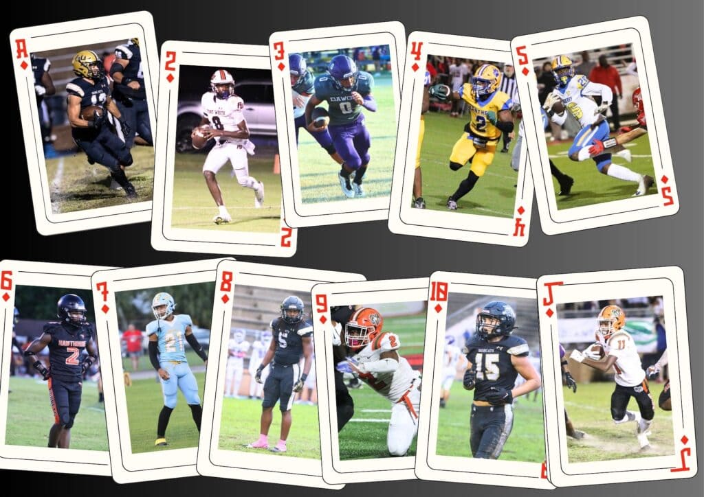 (Clockwise from left) Justin Williams, Jayden Jackson, Landin Williams, Kaleb Woods, Hayden Moore, Malicah Williams, Evan Walker, Demarco Daniels, Caleb Young, Jon Adams and Nathan Jennings. Graphic by C.J. Gish