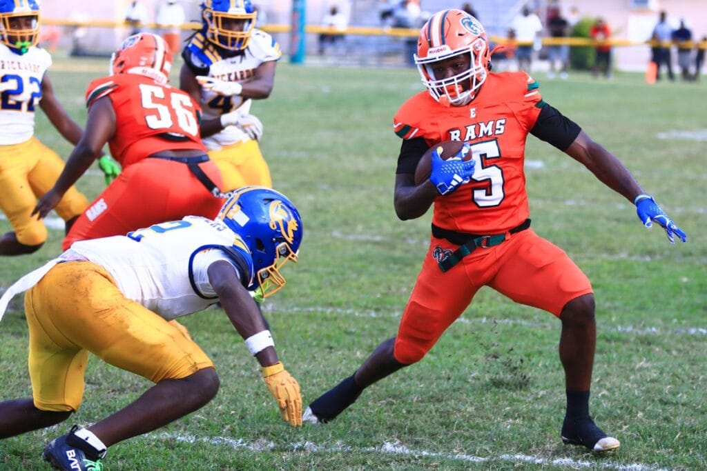 Eastside's Kamariyon Mack (5) with a run against Rickards (Tallahassee). Photo by C.J. Gish