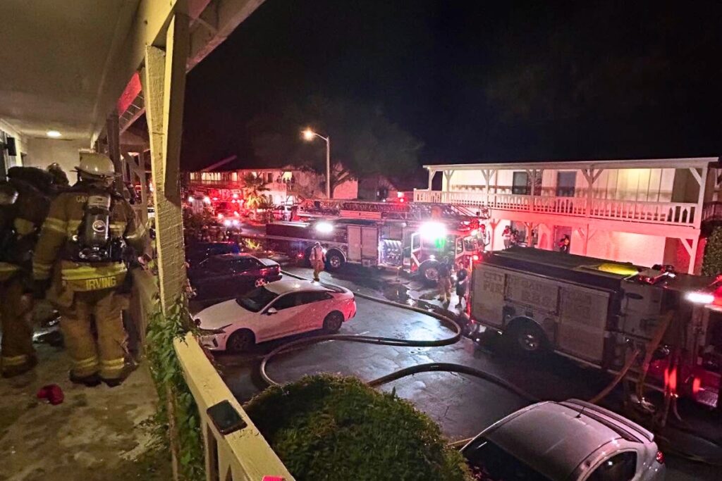 Firefighters extinguished an apartment fire that erupted Tuesday night at the Camelot Apartments in Gainesville. Courtesy of GFR