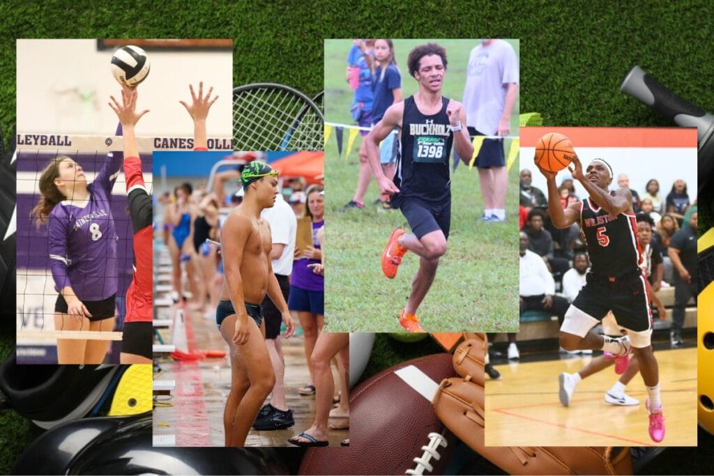 (From left) Rowan Kage (GHS), Eric Gong (Eastside), Demetrie Meyers (Buchholz) and De'Andre Harvey (The Rock) are among the top Alachua County prep athletes to watch in 2025-26.