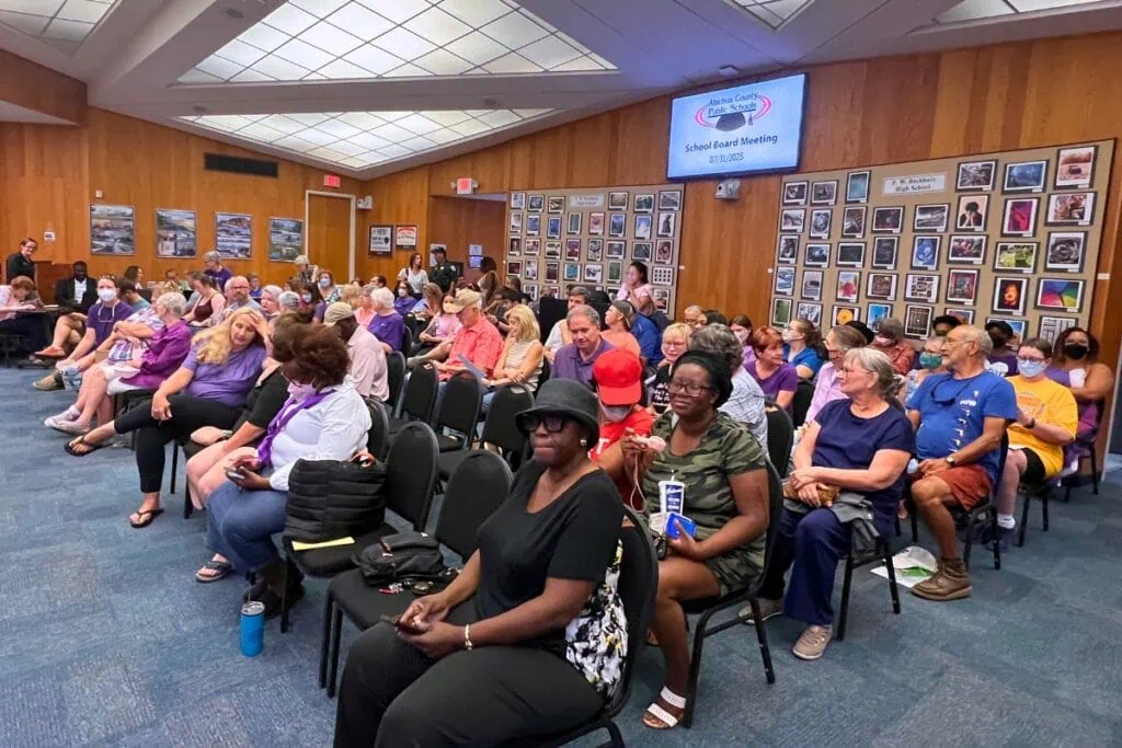 More than 30 people spoke at the School Board of Alachua County meeting held on July 31 regarding social media remarks made by Chair Sarah Rockwell about Hulk Hogan's death. Photo by Nick Anshultz
