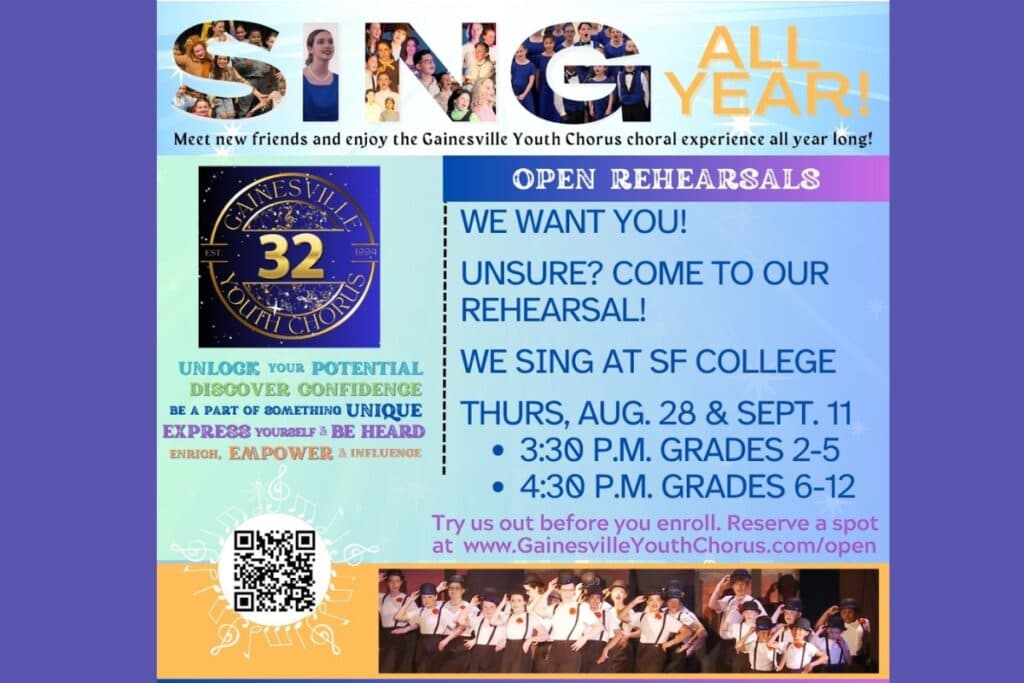 The Gainesville Youth Chorus (GYC) will be holding two open rehearsals for students ages 7-18 on Aug. 28 and Sept. 11 at Santa Fe College. Courtesy of GYC