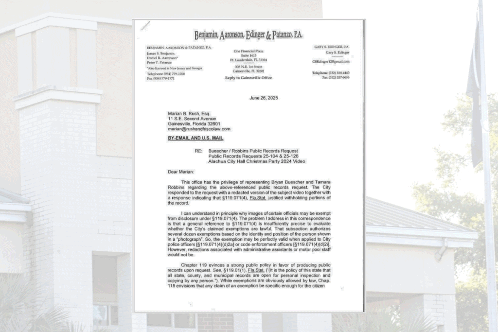 Alachua County residents hire a Gainesville attorney to send a pre-suit notice to the city of Alachua requesting it release the entire 2024 Christmas party video unredacted, or provide citations of Florida law to justify its redactions. Graphic by Lillian Hamman