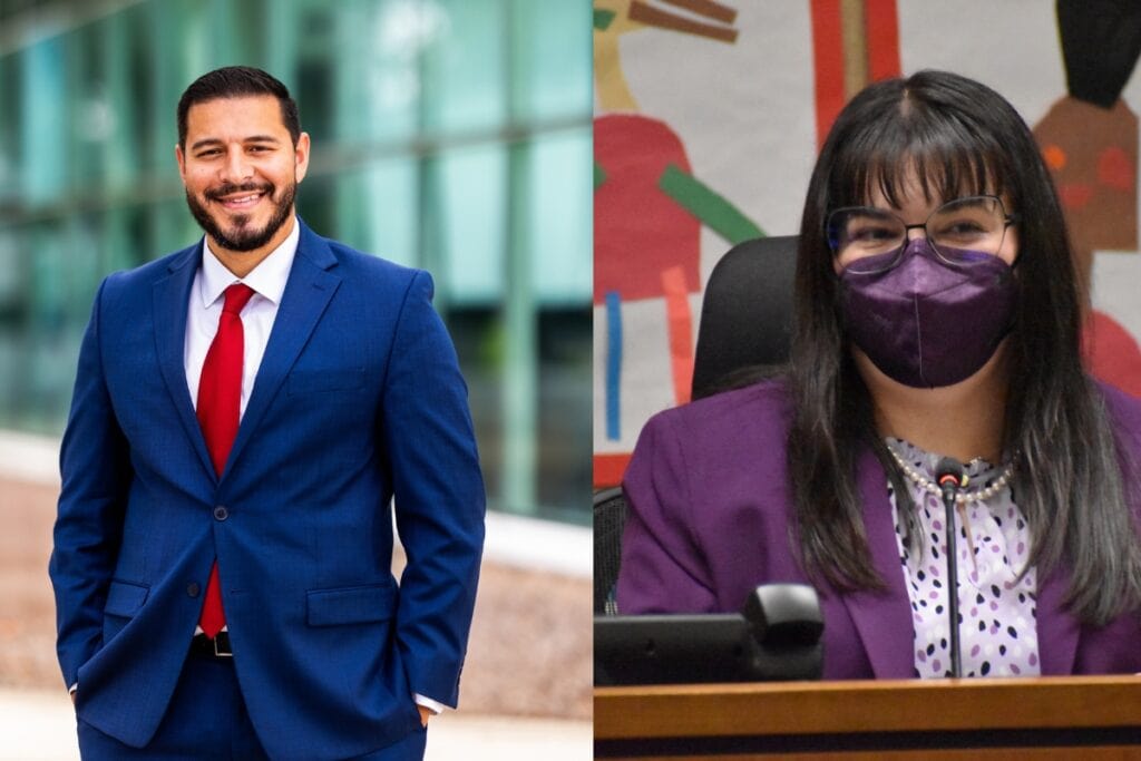 Florida Secretary of Education Anastasios Kamoutsas (right) said Chair Sarah Rockwell had eroded trust with parents in the school district.