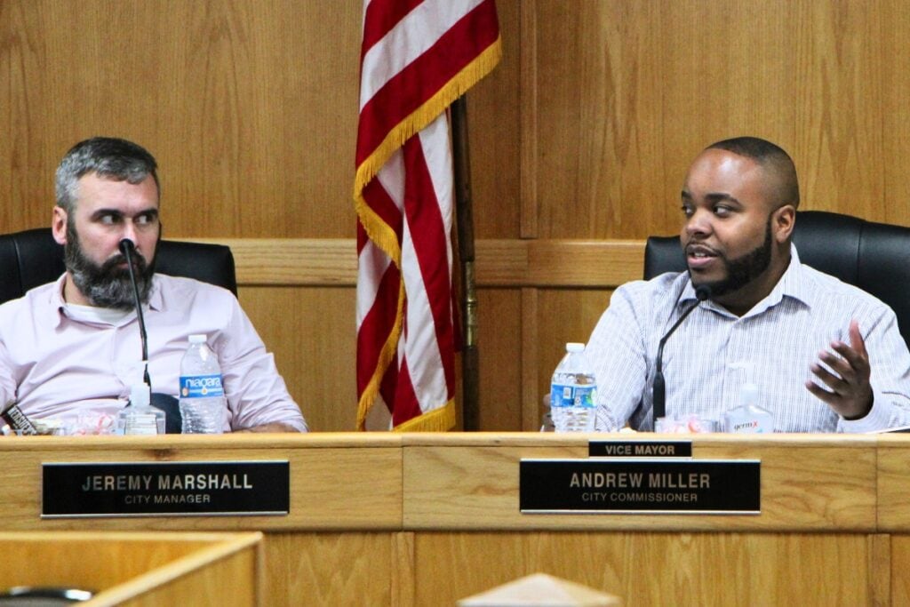 Vice Mayor Andrew Miller (right) suggested reworking the city's trash services as a way to increase revenue during a budget workshop. Photo by Lillian Hamman