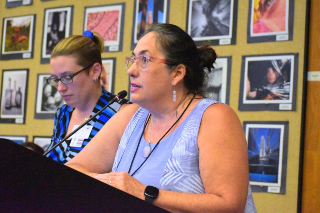 ACEA president Carmen Ward speaks to the school board on Tuesday. Photo by Glory Reitz