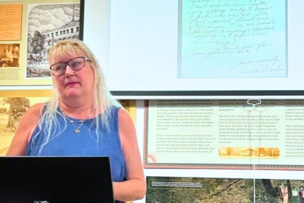 Dr. Kimberly Voss pauses to take a question during her talk at the Matheson History Museum. Photo by Ronnie Lovler