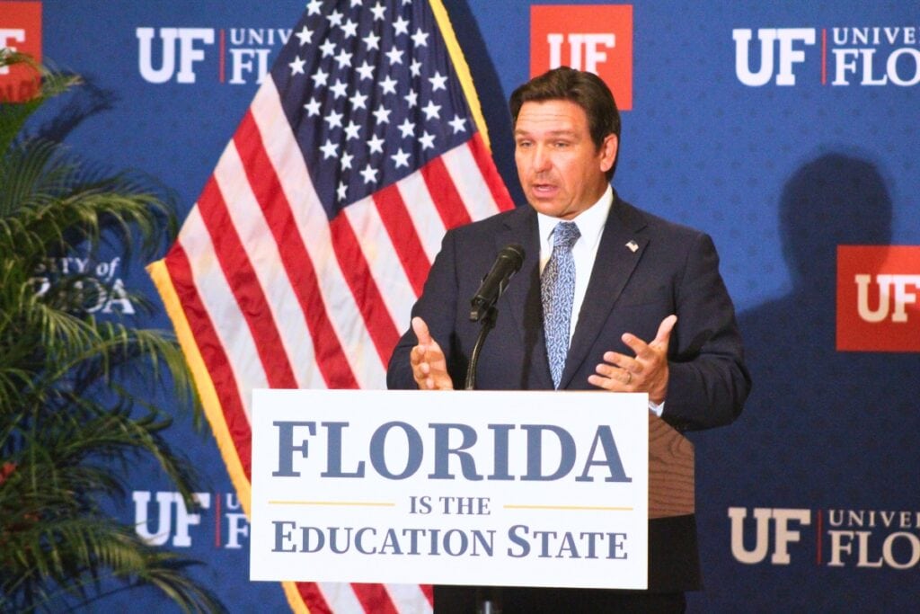 Gov. Ron DeSantis speaking during a press conference at the University of Florida on Monday. Photo by Nick Anschultz