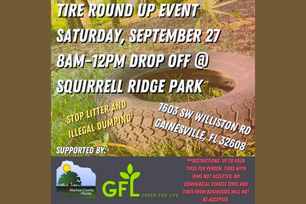 Keep Alachua County Beautiful will hold its annual Tire Roundup event at Squirrel Ridge Park in Gainesville on Saturday. Courtesy of KACB