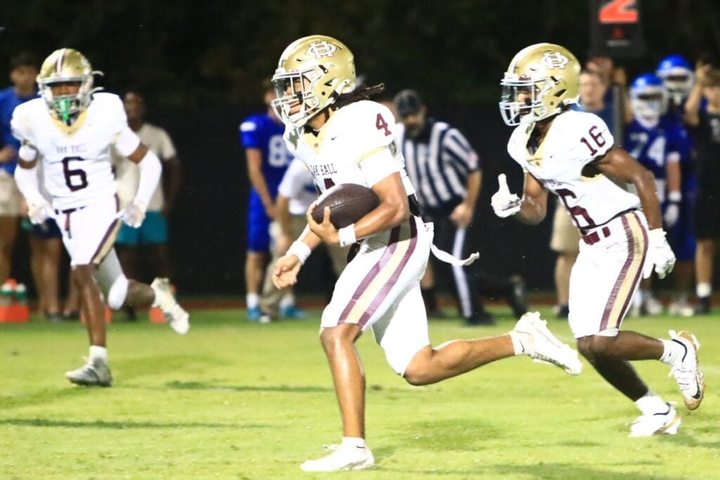 Oak Hall senior quarterback Aaron Akins (4) has accounted for five passing and four rushing touchdowns as the Eagles have started the season 5-0. Photo by C.J. Gish